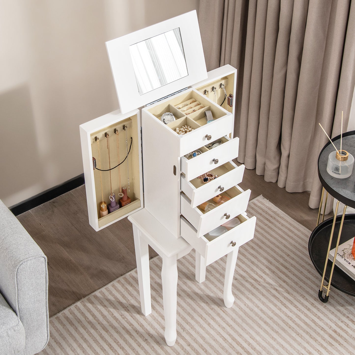 Elegant Standing Jewelry Armoire with Full-Length Mirror and Ample Storage – White