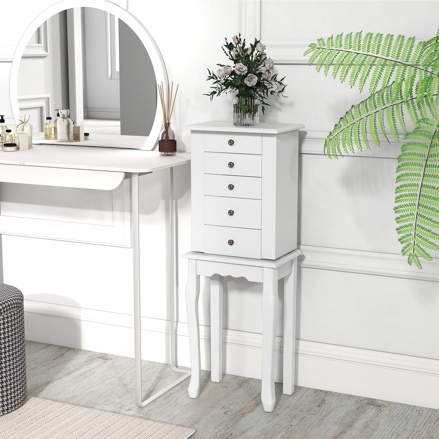 Elegant Standing Jewelry Armoire with Full-Length Mirror and Ample Storage – White