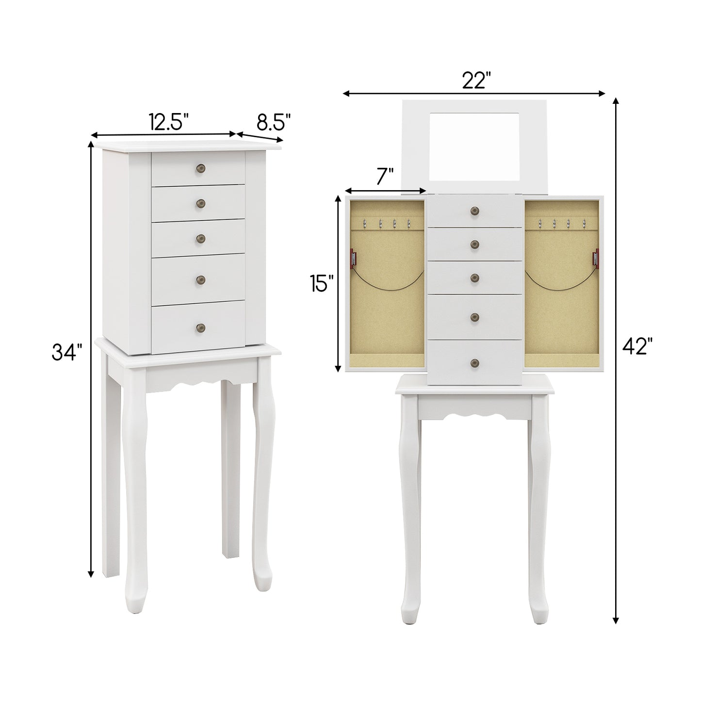 Elegant Standing Jewelry Armoire with Full-Length Mirror and Ample Storage – White
