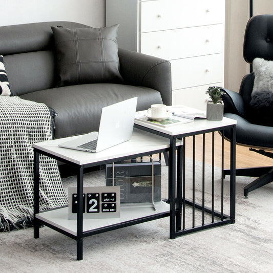 Elegant Marble Texture Nesting Table Set of 2 with Storage Shelves and Steel Frame
