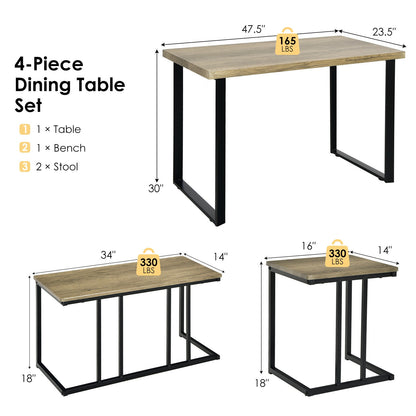 4-Piece Industrial Dining Set with Bench and Two Stools Compact Space-Saving Design