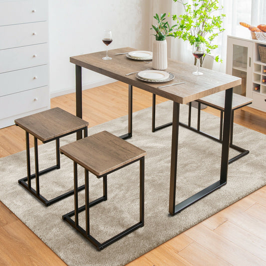 4-Piece Industrial Dining Set with Bench and Two Stools Compact Space-Saving Design