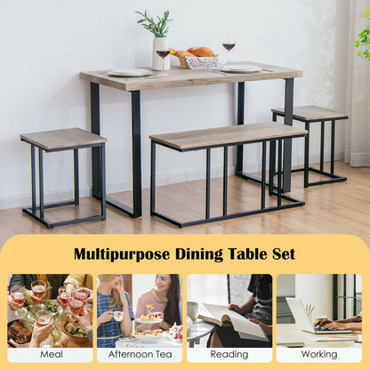 4-Piece Industrial Dining Set with Bench and Two Stools Compact Space-Saving Design
