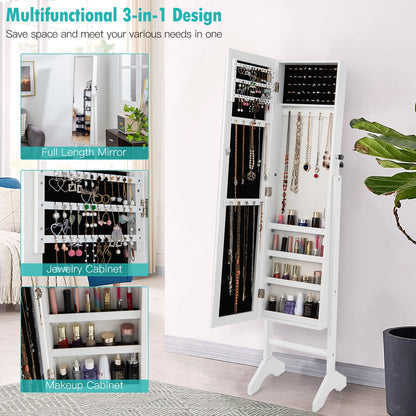 3-in-1 Standing Jewelry Armoire with Full-Length Mirror, Lockable Storage and Makeup Cabinet – White