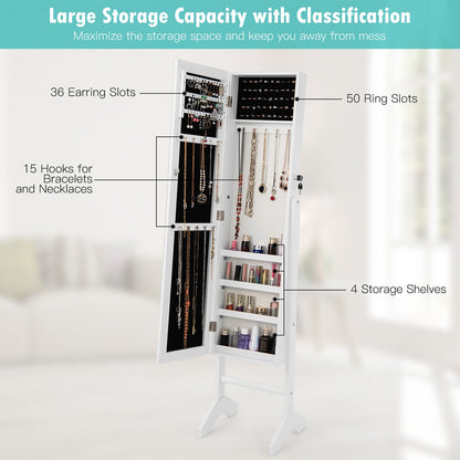 3-in-1 Standing Jewelry Armoire with Full-Length Mirror, Lockable Storage and Makeup Cabinet – White