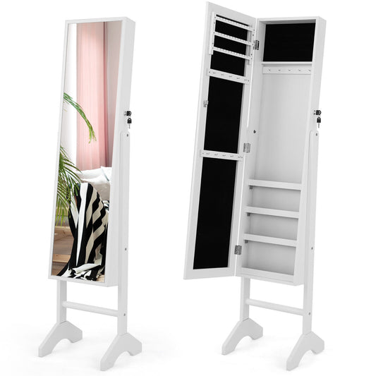 3-in-1 Standing Jewelry Armoire with Full-Length Mirror, Lockable Storage and Makeup Cabinet – White