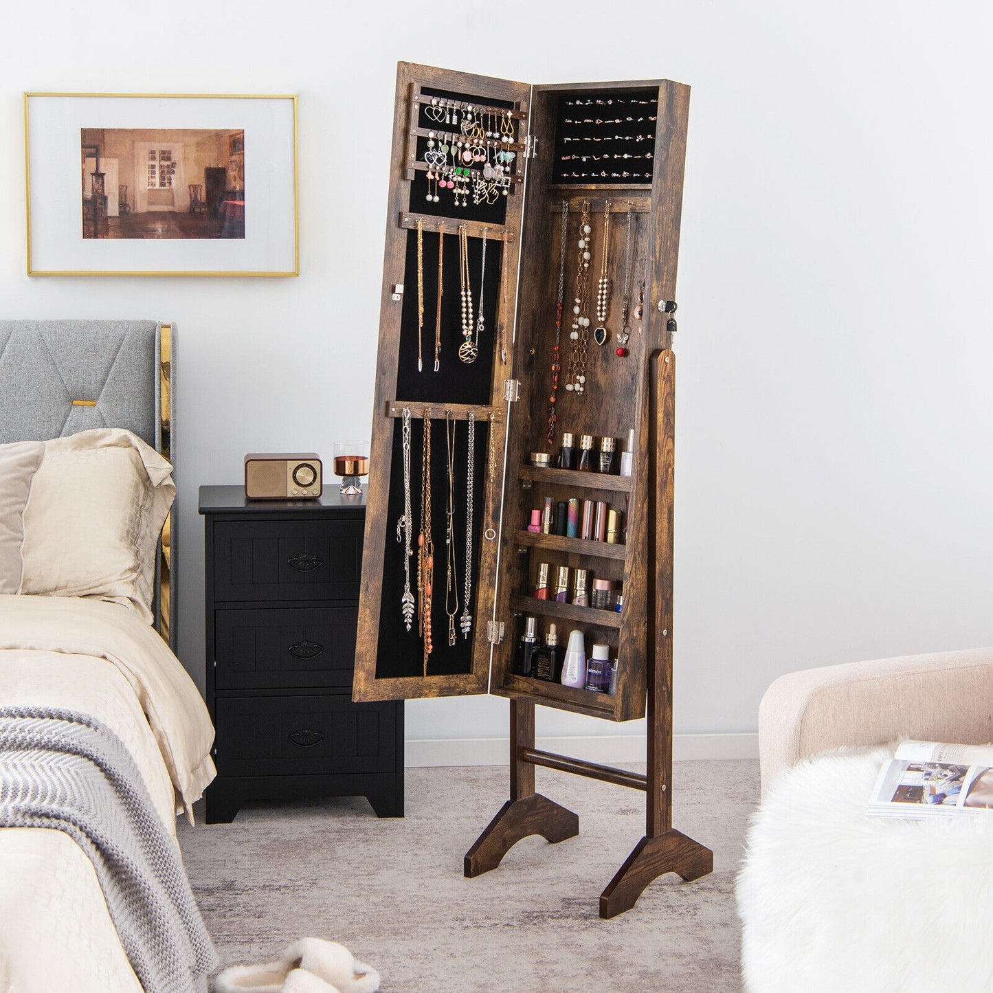 3-in-1 Standing Jewelry Armoire with Full-Length Mirror, Lockable Storage and Makeup Cabinet – Brown