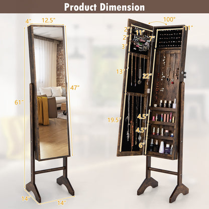 3-in-1 Standing Jewelry Armoire with Full-Length Mirror, Lockable Storage and Makeup Cabinet – Brown