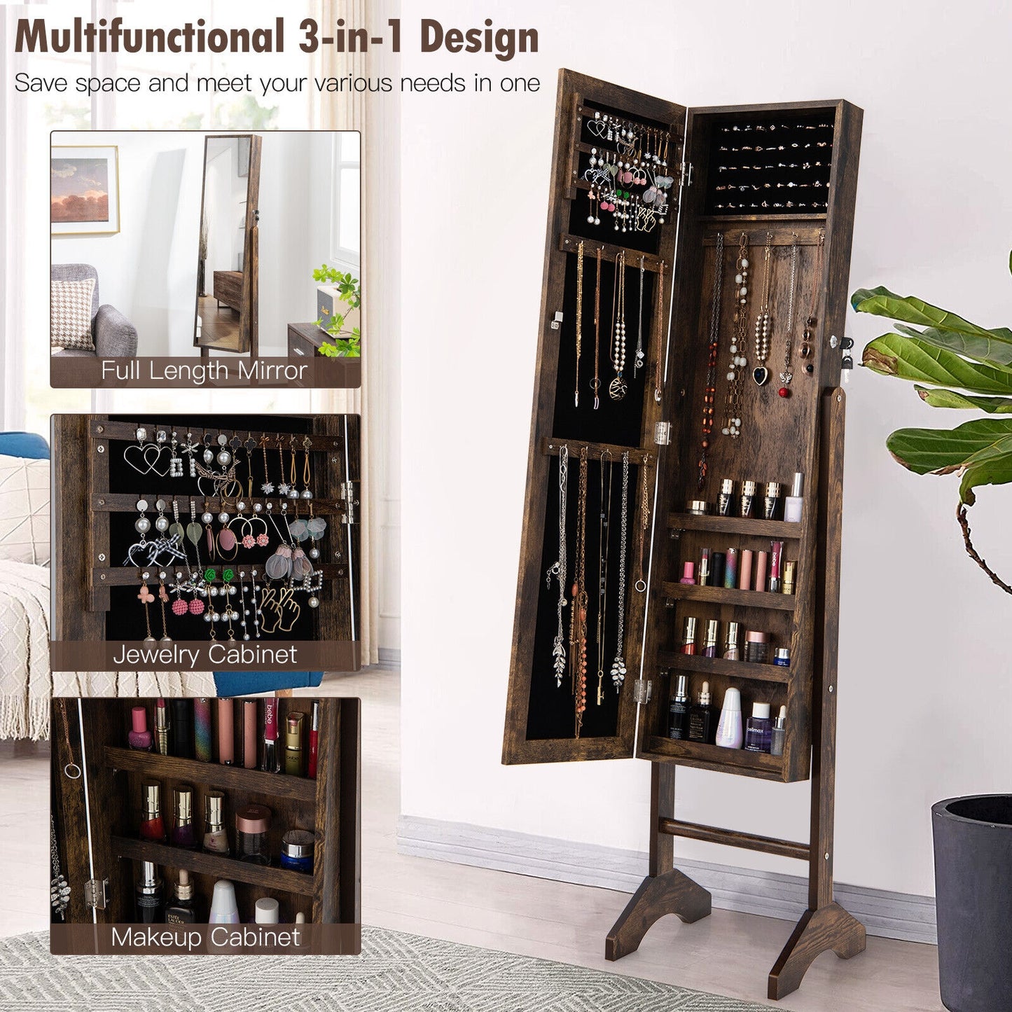 3-in-1 Standing Jewelry Armoire with Full-Length Mirror, Lockable Storage and Makeup Cabinet – Brown