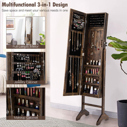 3-in-1 Standing Jewelry Armoire with Full-Length Mirror, Lockable Storage and Makeup Cabinet – Brown