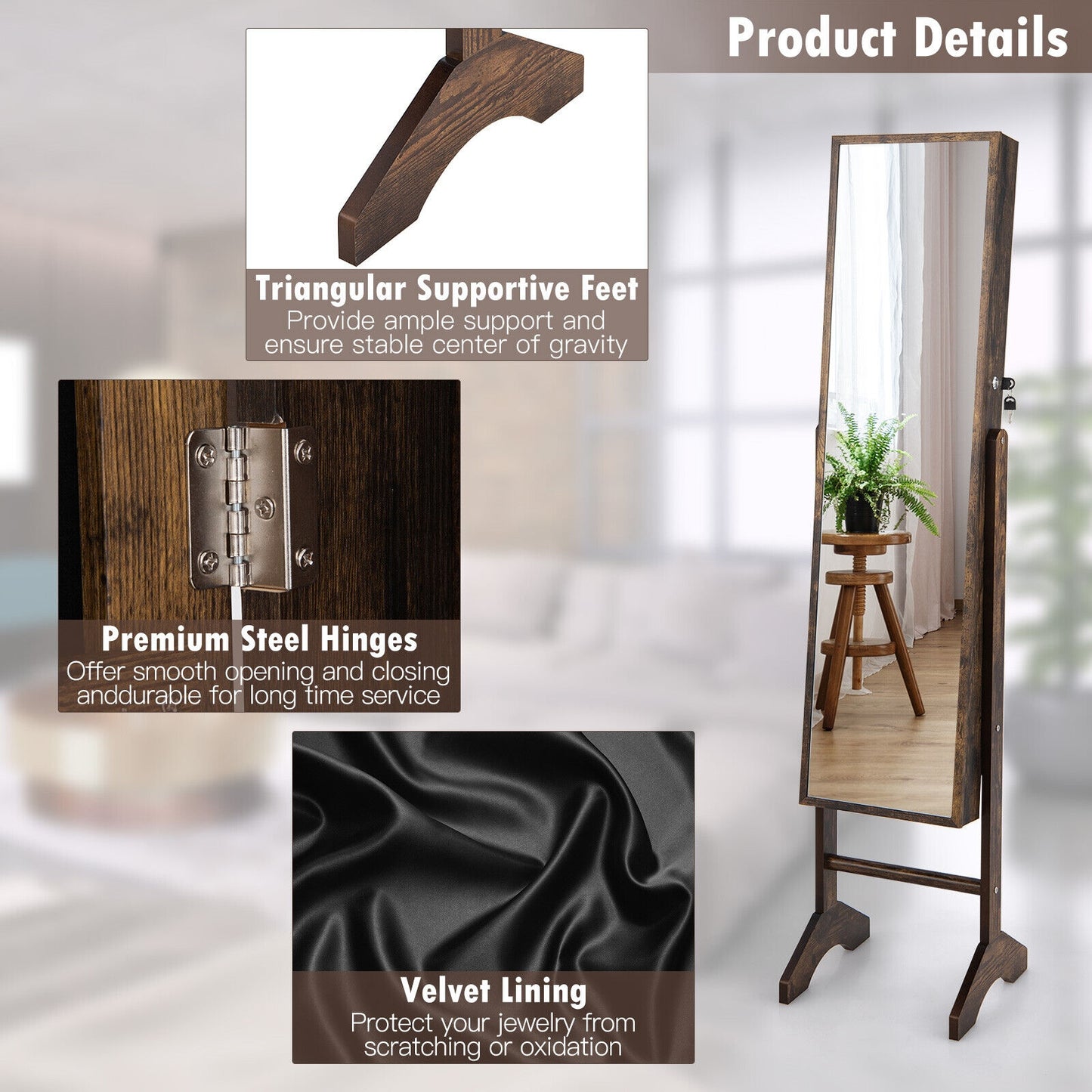 3-in-1 Standing Jewelry Armoire with Full-Length Mirror, Lockable Storage and Makeup Cabinet – Brown