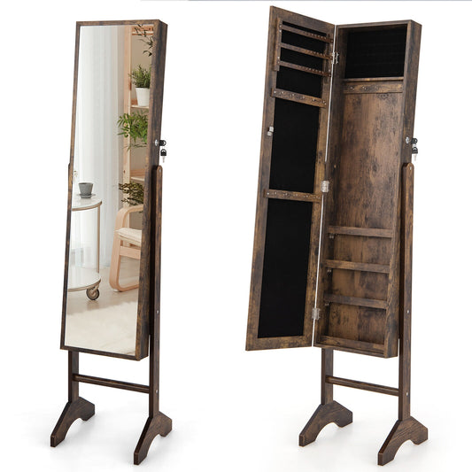 3-in-1 Standing Jewelry Armoire with Full-Length Mirror, Lockable Storage and Makeup Cabinet – Brown