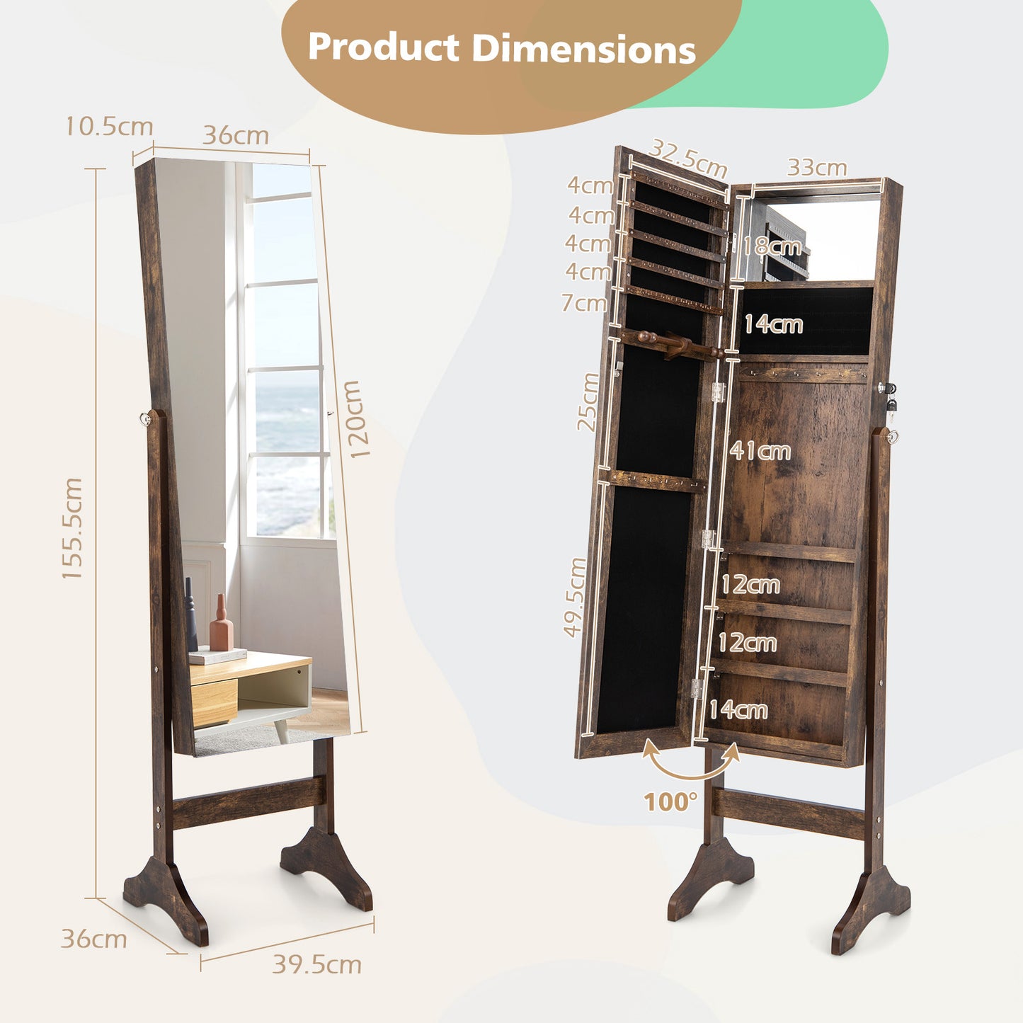 3-in-1 Standing Jewelry Armoire with Frameless Full-Length Mirror, Lockable Storage & Built-In Makeup Mirror – Brown