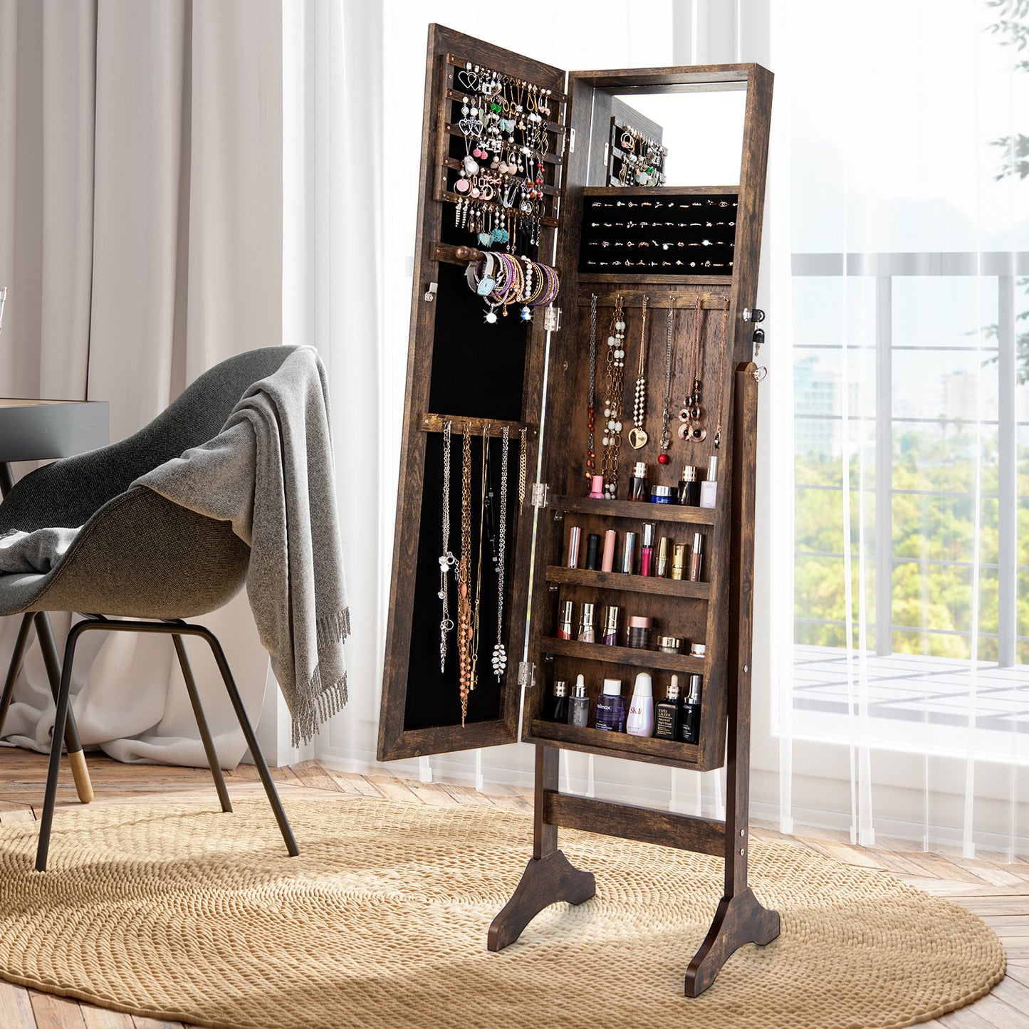 3-in-1 Standing Jewelry Armoire with Frameless Full-Length Mirror, Lockable Storage & Built-In Makeup Mirror – Brown