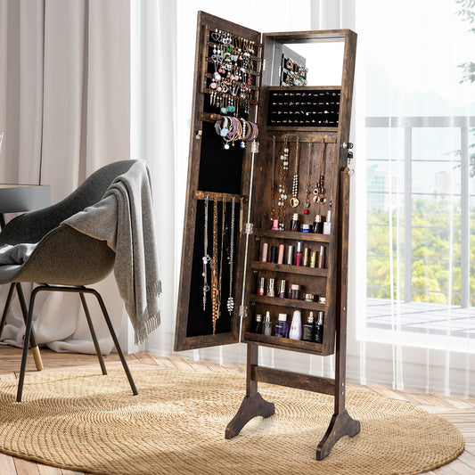 3-in-1 Standing Jewelry Armoire with Frameless Full-Length Mirror, Lockable Storage & Built-In Makeup Mirror – Brown