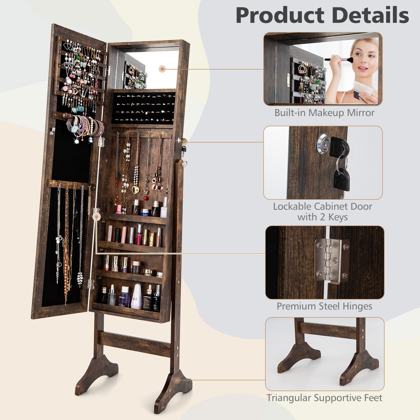 3-in-1 Standing Jewelry Armoire with Frameless Full-Length Mirror, Lockable Storage & Built-In Makeup Mirror – Brown