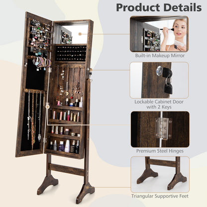 3-in-1 Standing Jewelry Armoire with Frameless Full-Length Mirror, Lockable Storage & Built-In Makeup Mirror – Brown