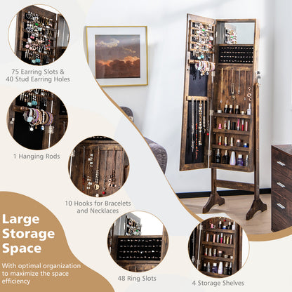 3-in-1 Standing Jewelry Armoire with Frameless Full-Length Mirror, Lockable Storage & Built-In Makeup Mirror – Brown