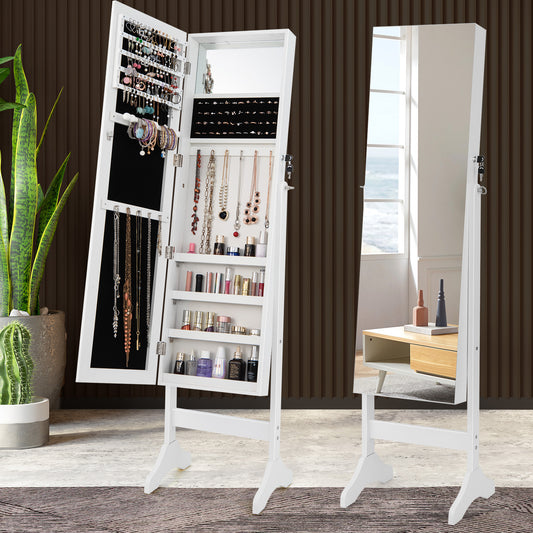 3-in-1 Standing Jewelry Armoire with Frameless Full-Length Mirror, Lockable Storage & Built-In Makeup Mirror – White