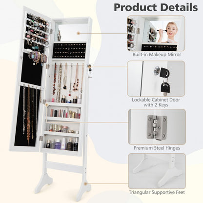 3-in-1 Standing Jewelry Armoire with Frameless Full-Length Mirror, Lockable Storage & Built-In Makeup Mirror – White