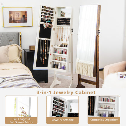 3-in-1 Standing Jewelry Armoire with Frameless Full-Length Mirror, Lockable Storage & Built-In Makeup Mirror – White