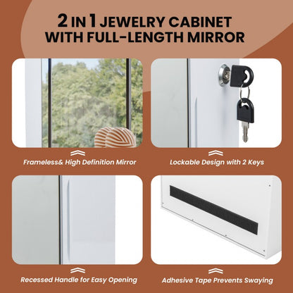 Wall Mounted Jewelry Armoire with Full-Length Mirror and 3-Color LED Lighting – White