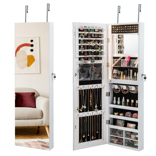 Wall Mounted Jewelry Armoire with Full-Length Mirror and 3-Color LED Lighting – White