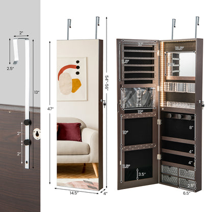 Wall Mounted Jewelry Armoire with Full-Length Mirror and 3-Color LED Lighting – Brown