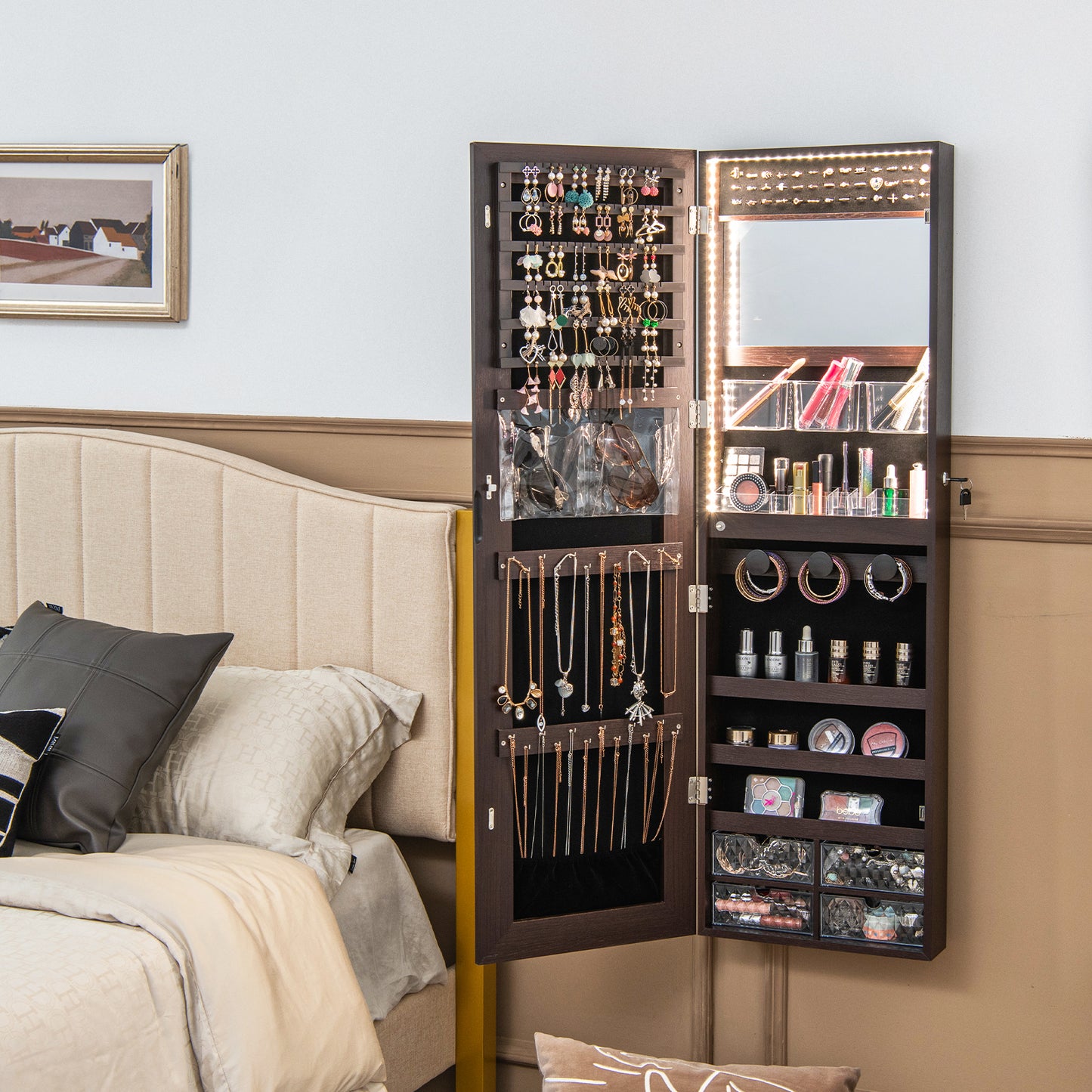 Wall Mounted Jewelry Armoire with Full-Length Mirror and 3-Color LED Lighting – Brown