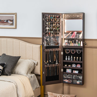Wall Mounted Jewelry Armoire with Full-Length Mirror and 3-Color LED Lighting – Brown