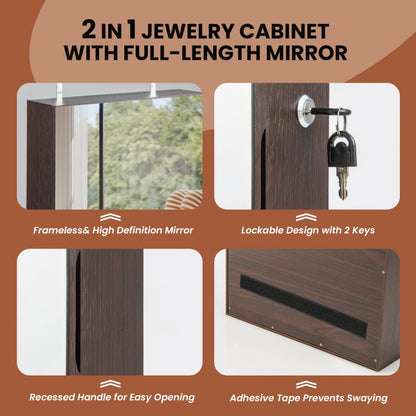 Wall Mounted Jewelry Armoire with Full-Length Mirror and 3-Color LED Lighting – Brown