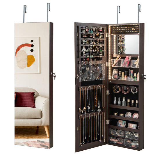 Wall Mounted Jewelry Armoire with Full-Length Mirror and 3-Color LED Lighting – Brown
