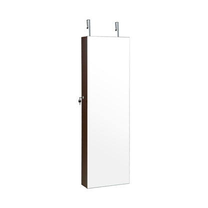 Wall Mounted Jewelry Armoire with Full-Length Mirror and 3-Color LED Lighting – Brown