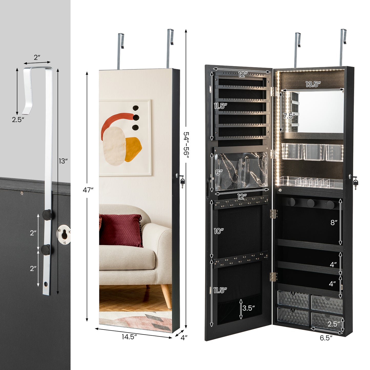 Wall Mounted Jewelry Armoire with Full-Length Mirror and 3-Color LED Lighting – Black