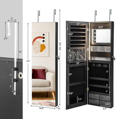 Wall Mounted Jewelry Armoire with Full-Length Mirror and 3-Color LED Lighting – Black