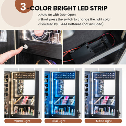 Wall Mounted Jewelry Armoire with Full-Length Mirror and 3-Color LED Lighting – Black