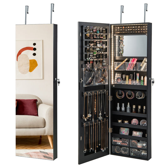 Wall Mounted Jewelry Armoire with Full-Length Mirror and 3-Color LED Lighting – Black