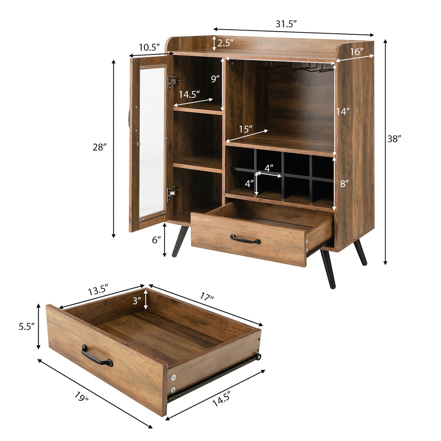 Rustic Buffet Sideboard with Removable Wine Storage Rack and Stemware Holder for Kitchen and Dining Room