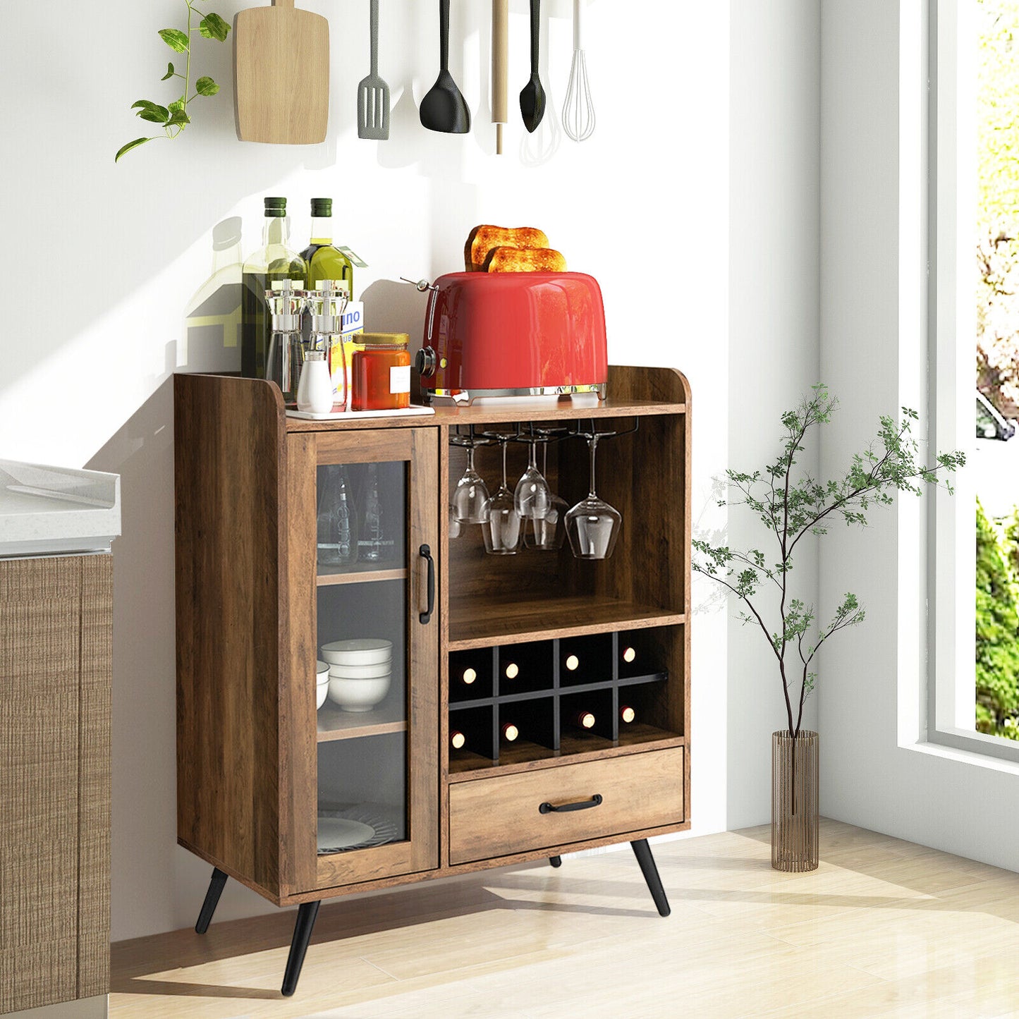 Rustic Buffet Sideboard with Removable Wine Storage Rack and Stemware Holder for Kitchen and Dining Room