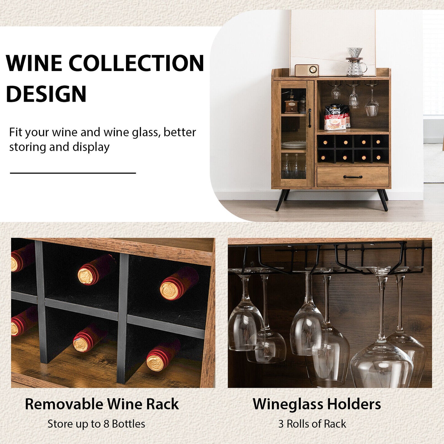 Rustic Buffet Sideboard with Removable Wine Storage Rack and Stemware Holder for Kitchen and Dining Room
