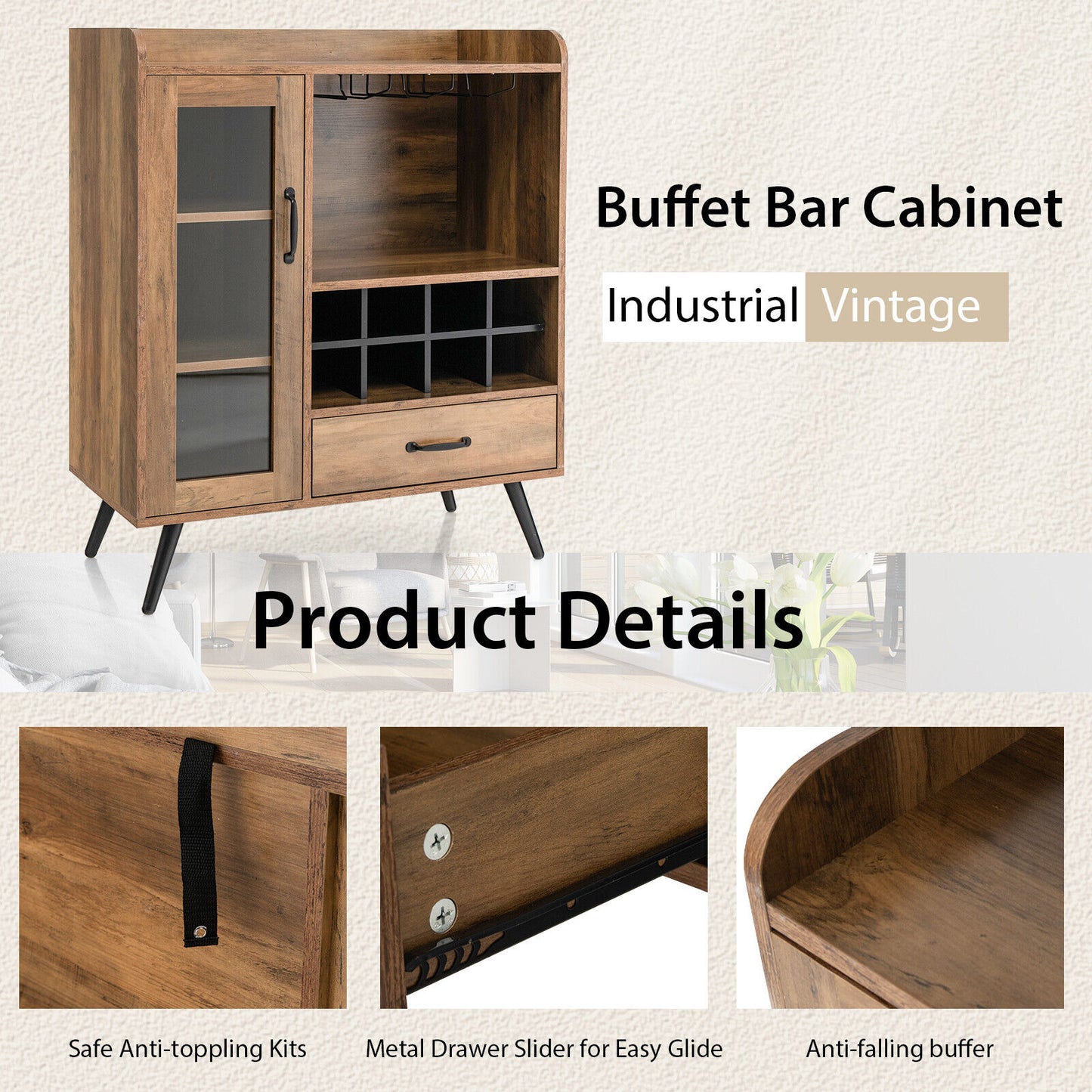 Rustic Buffet Sideboard with Removable Wine Storage Rack and Stemware Holder for Kitchen and Dining Room