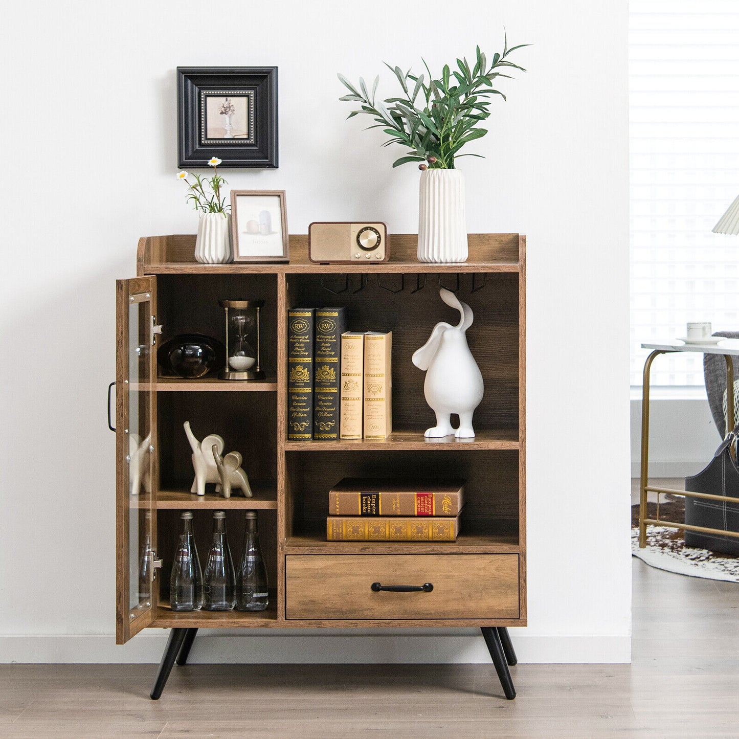 Rustic Buffet Sideboard with Removable Wine Storage Rack and Stemware Holder for Kitchen and Dining Room