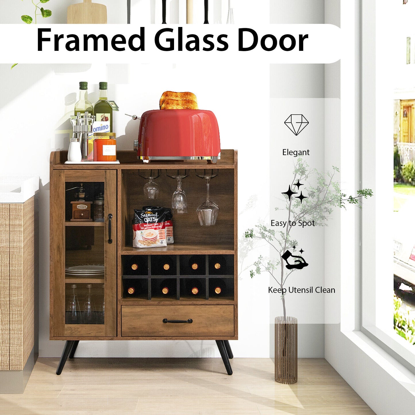 Rustic Buffet Sideboard with Removable Wine Storage Rack and Stemware Holder for Kitchen and Dining Room
