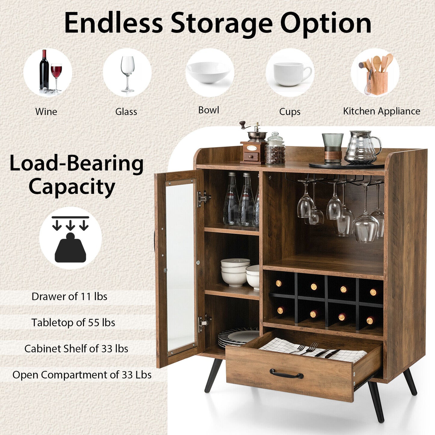 Rustic Buffet Sideboard with Removable Wine Storage Rack and Stemware Holder for Kitchen and Dining Room