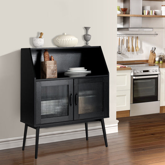Spacious Kitchen Storage Buffet Cabinet with Open Cubby and Glass Door Sideboard