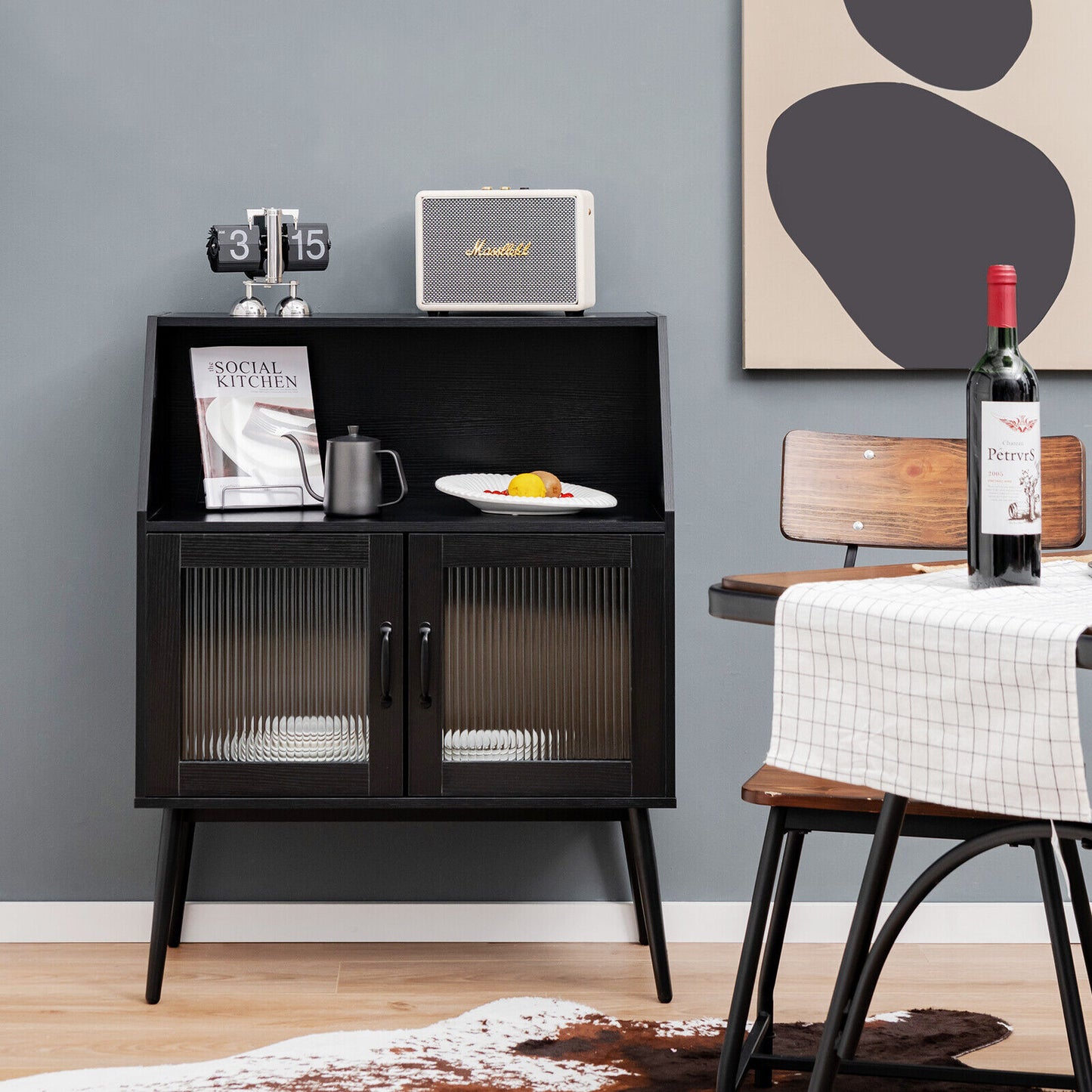 Spacious Kitchen Storage Buffet Cabinet with Open Cubby and Glass Door Sideboard