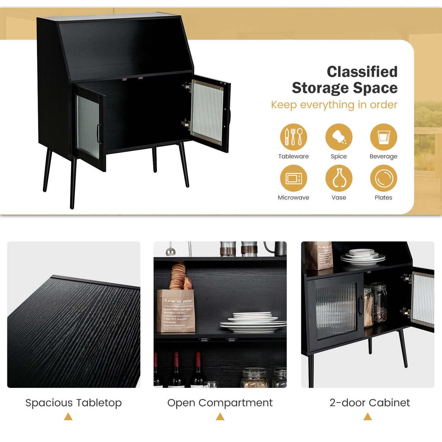 Spacious Kitchen Storage Buffet Cabinet with Open Cubby and Glass Door Sideboard