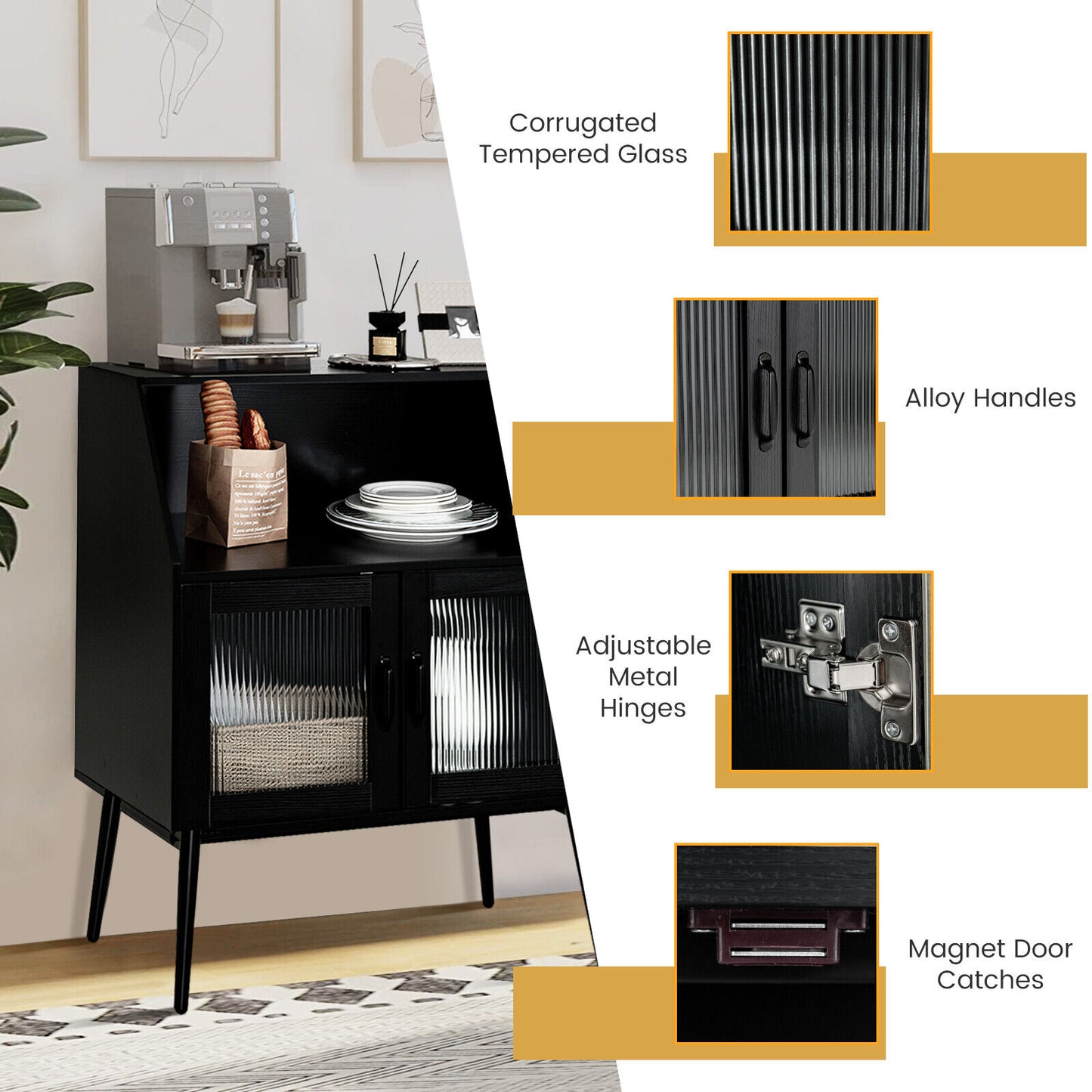 Spacious Kitchen Storage Buffet Cabinet with Open Cubby and Glass Door Sideboard