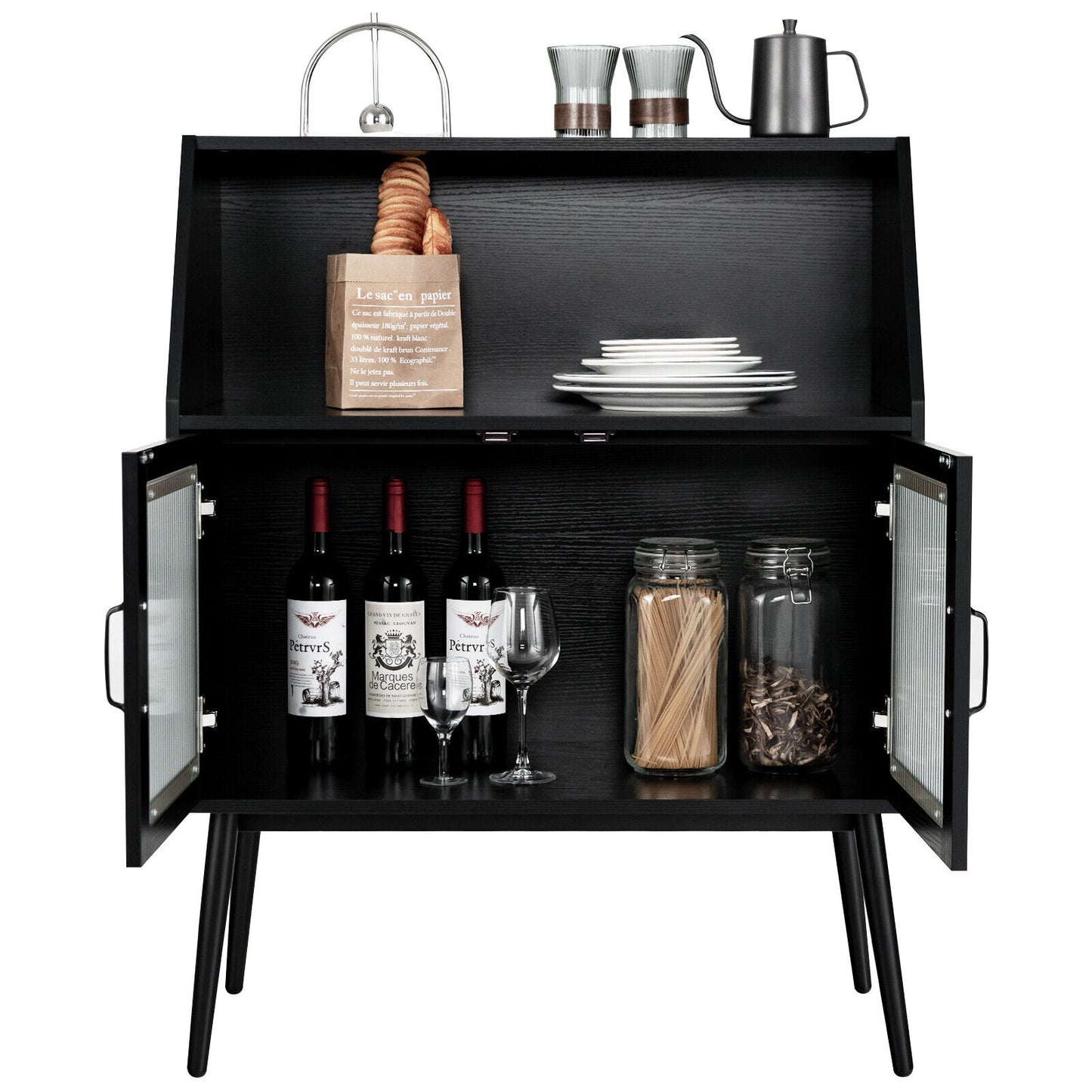Spacious Kitchen Storage Buffet Cabinet with Open Cubby and Glass Door Sideboard