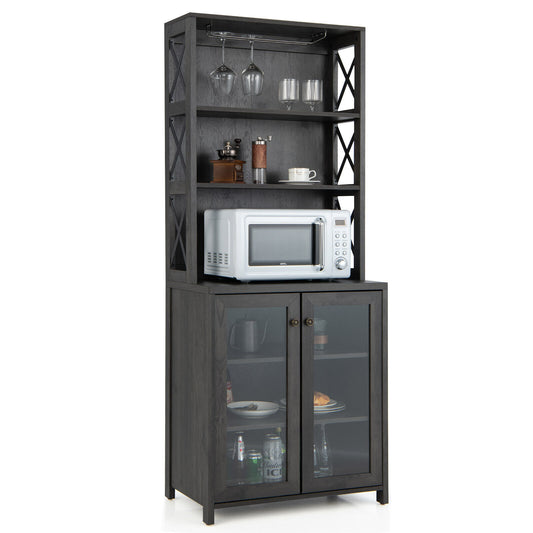 Freestanding Tall Buffet Hutch with Adjustable Shelves and Built-In Glass Rack